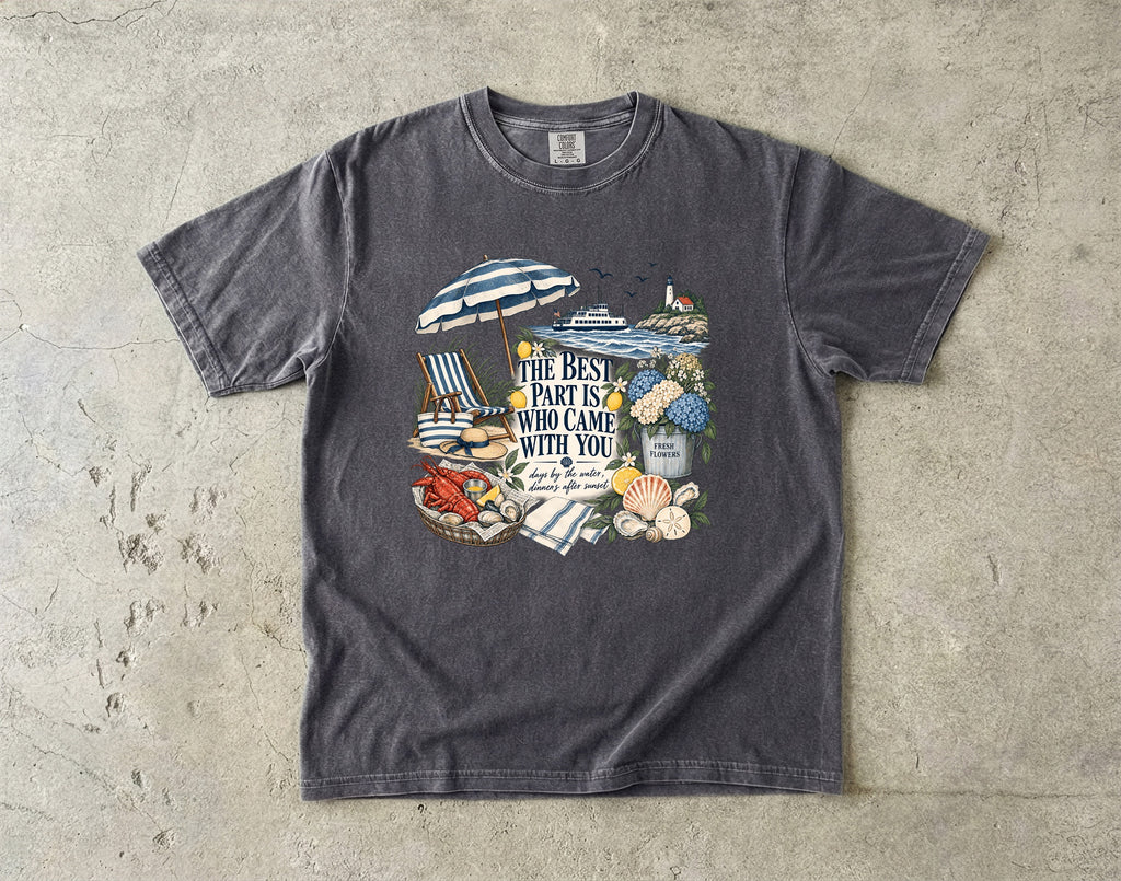 The Best Part Is Who Came with You Beach Vacation Shirt in Pepper – flat lay