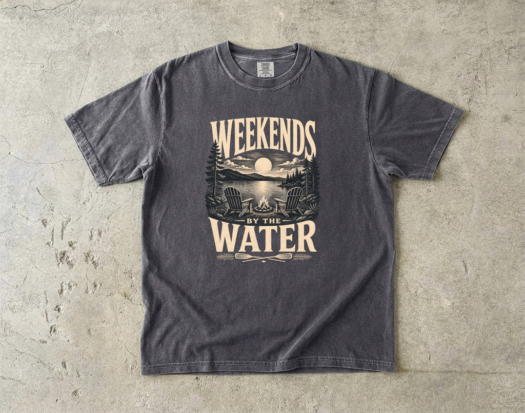 Weekends by the Water Lake Vacation Shirt in Pepper – flat lay