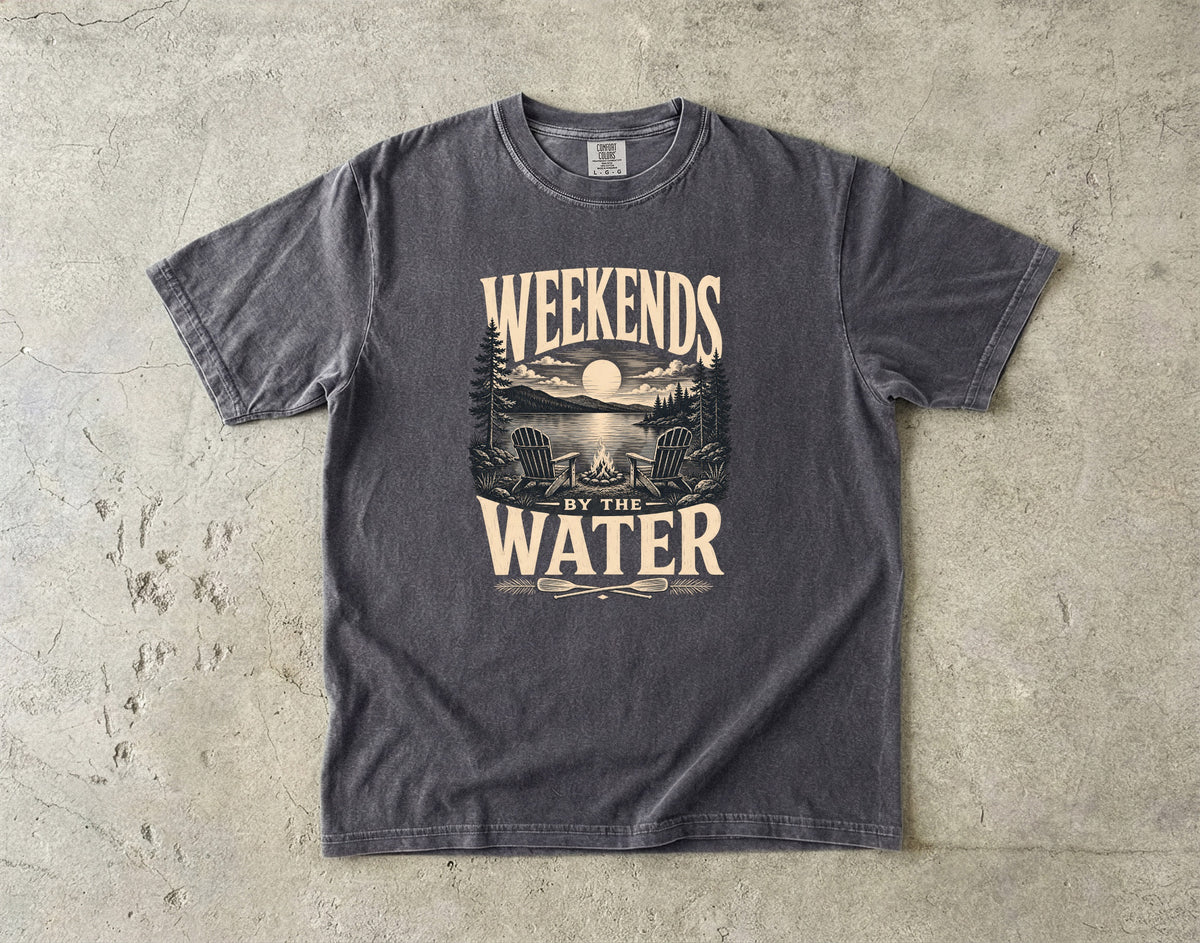 Weekends by the Water Lake Vacation Shirt in Pepper – flat lay