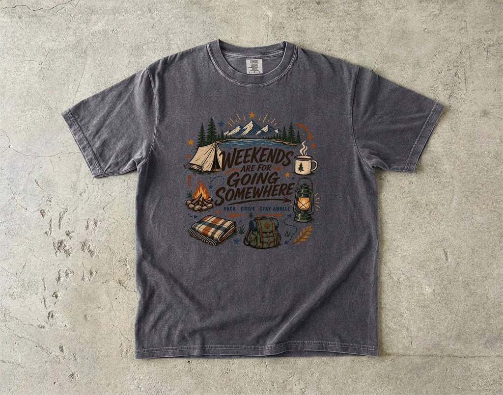 Weekends Are for Going Somewhere Camping Shirt in Pepper – flat lay