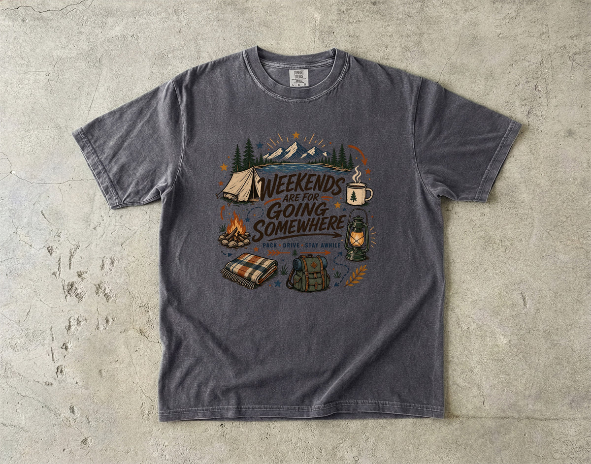 Weekends Are for Going Somewhere Camping Shirt in Pepper – flat lay