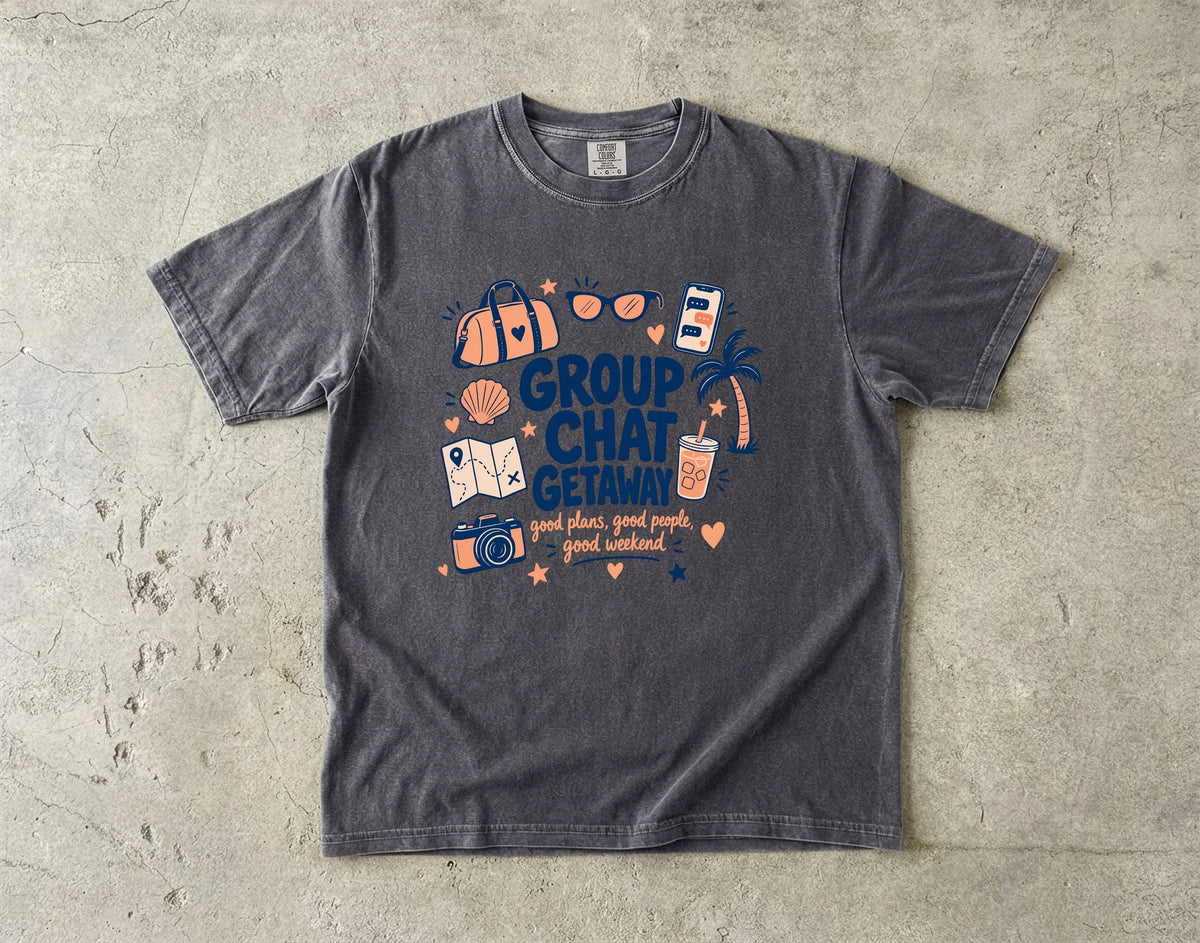 Group Chat Getaway Family Getaway Shirt in Pepper – flat lay