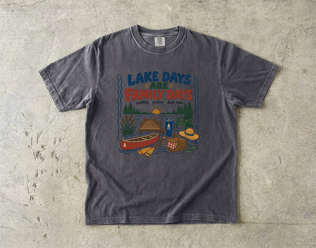 Lake Days Are Family Days Lake Vacation Shirt in Pepper – flat lay