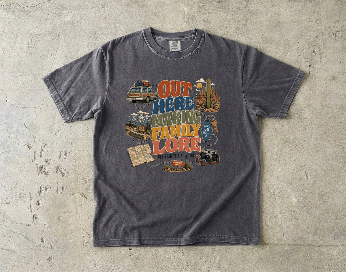 Out Here Making Family Lore Road Trip Shirt in Pepper – flat lay