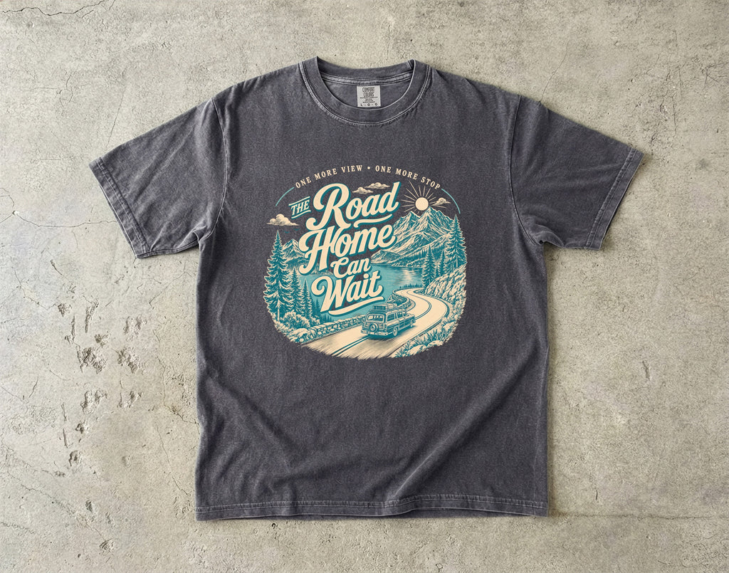 The Road Home Can Wait Road Trip Shirt in Pepper – flat lay