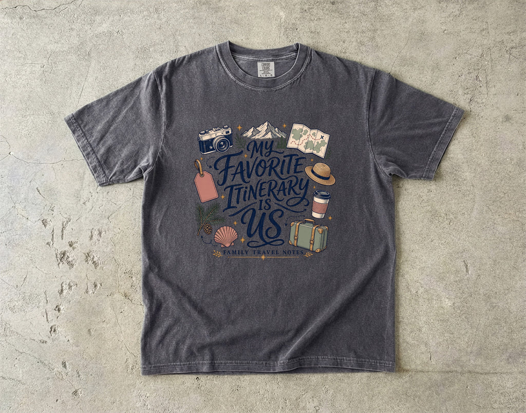 My Favorite Itinerary Is Us Travel Mom Shirt in Pepper – flat lay
