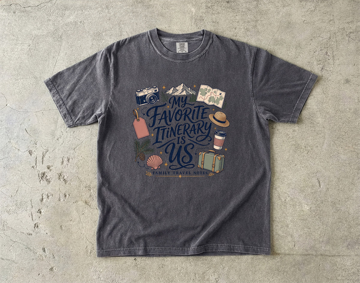 My Favorite Itinerary Is Us Travel Mom Shirt in Pepper – flat lay