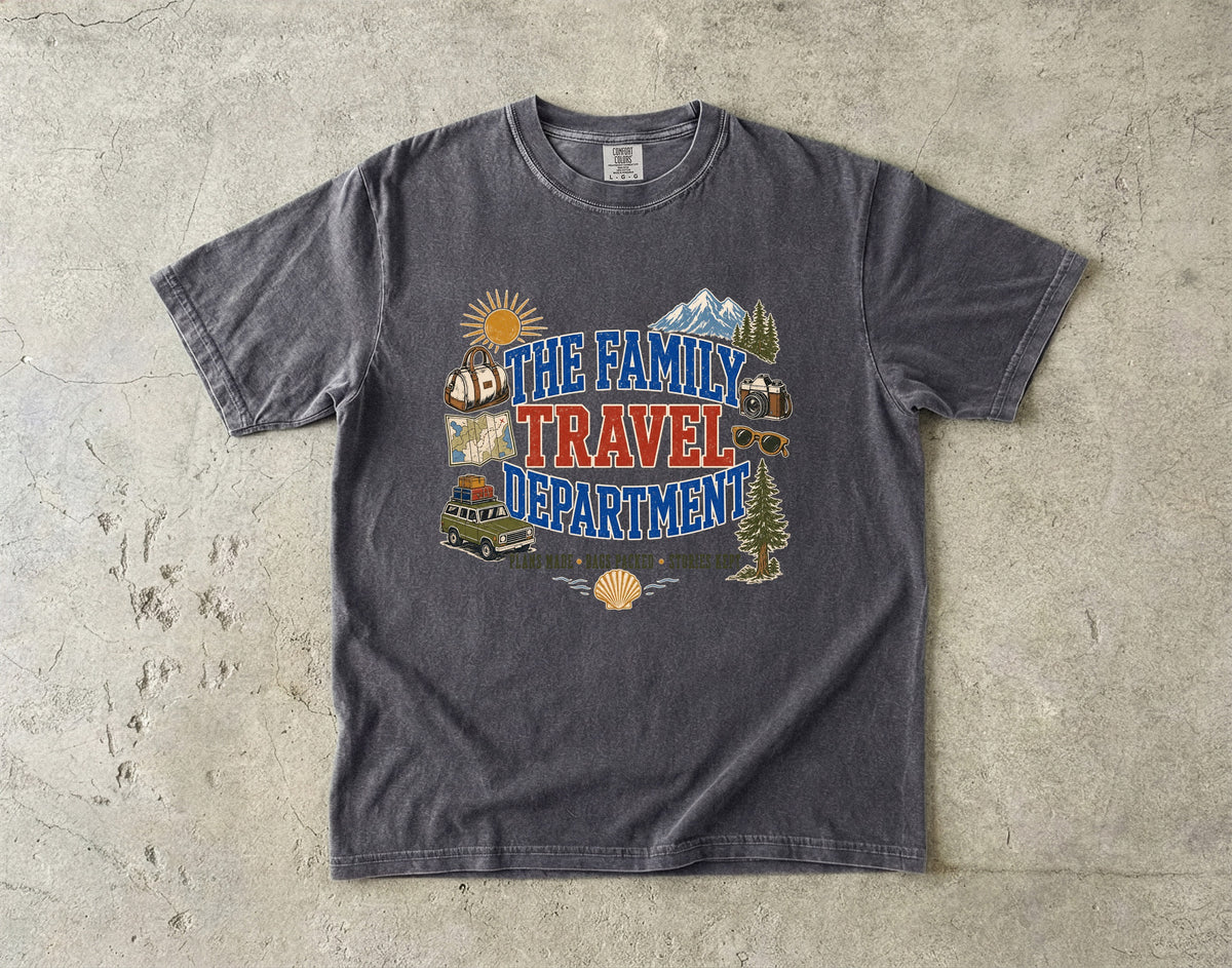 The Family Travel Department Road Trip Shirt in Pepper – flat lay