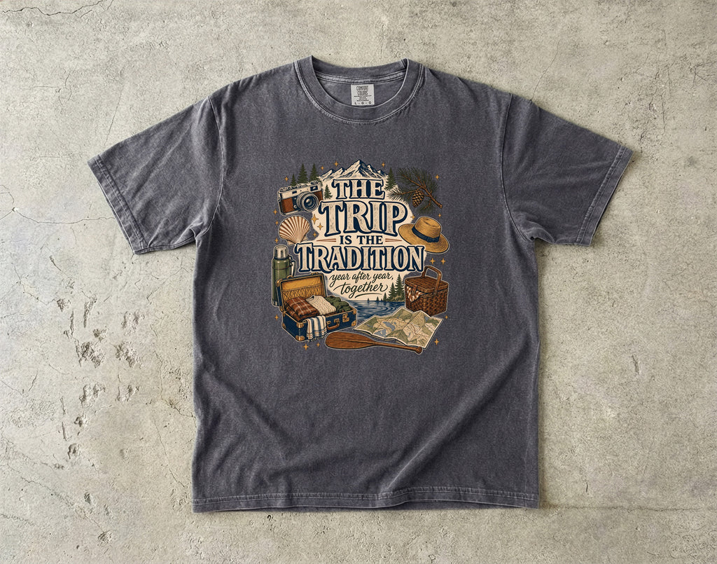 The Trip Is the Tradition Lake Vacation Shirt in Pepper – flat lay