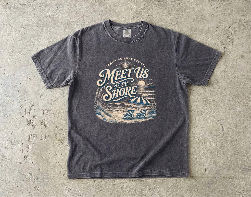 Meet Us at the Shore Beach Vacation Shirt in Pepper – flat lay