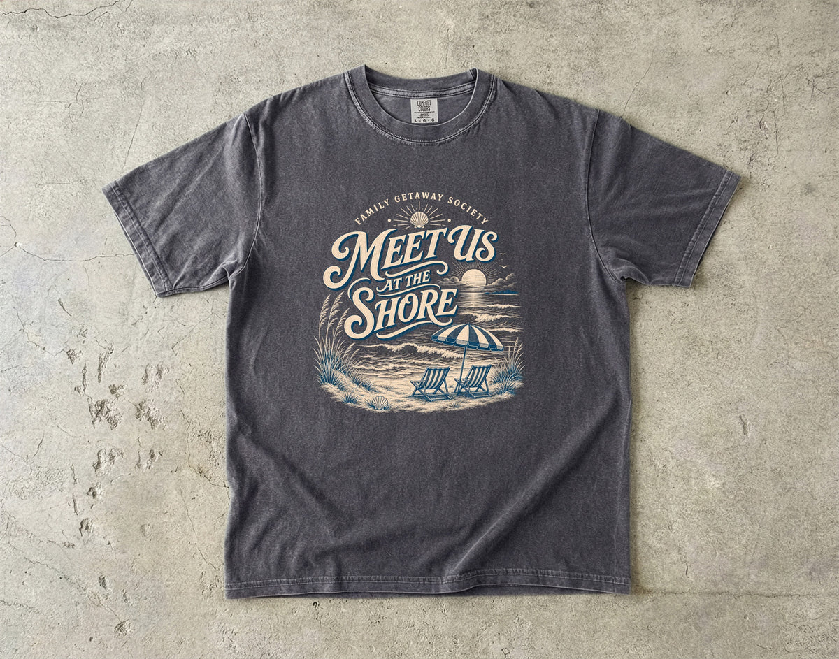 Meet Us at the Shore Beach Vacation Shirt in Pepper – flat lay