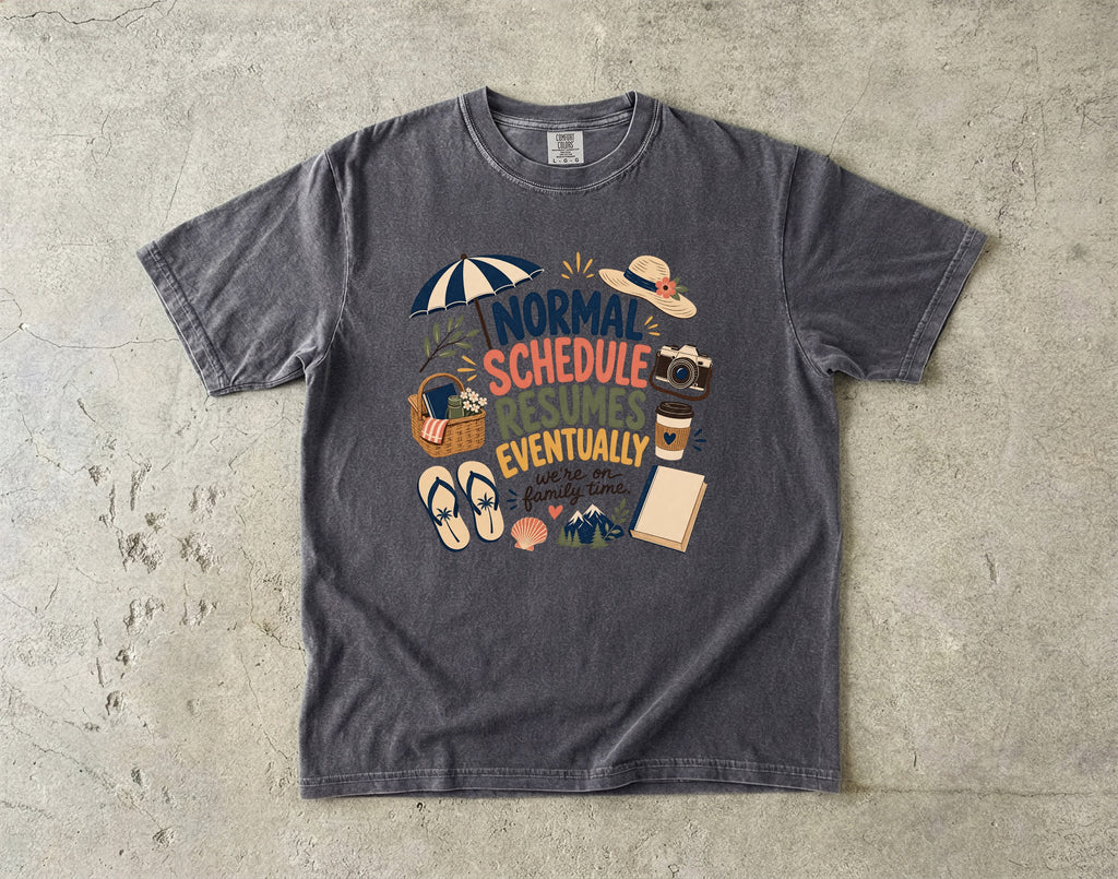 Normal Schedule Resumes Eventually Family Getaway Shirt in Pepper – flat lay