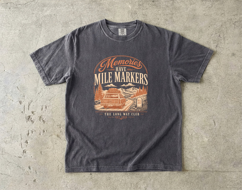 Memories Have Mile Markers Road Trip Shirt in Pepper – flat lay