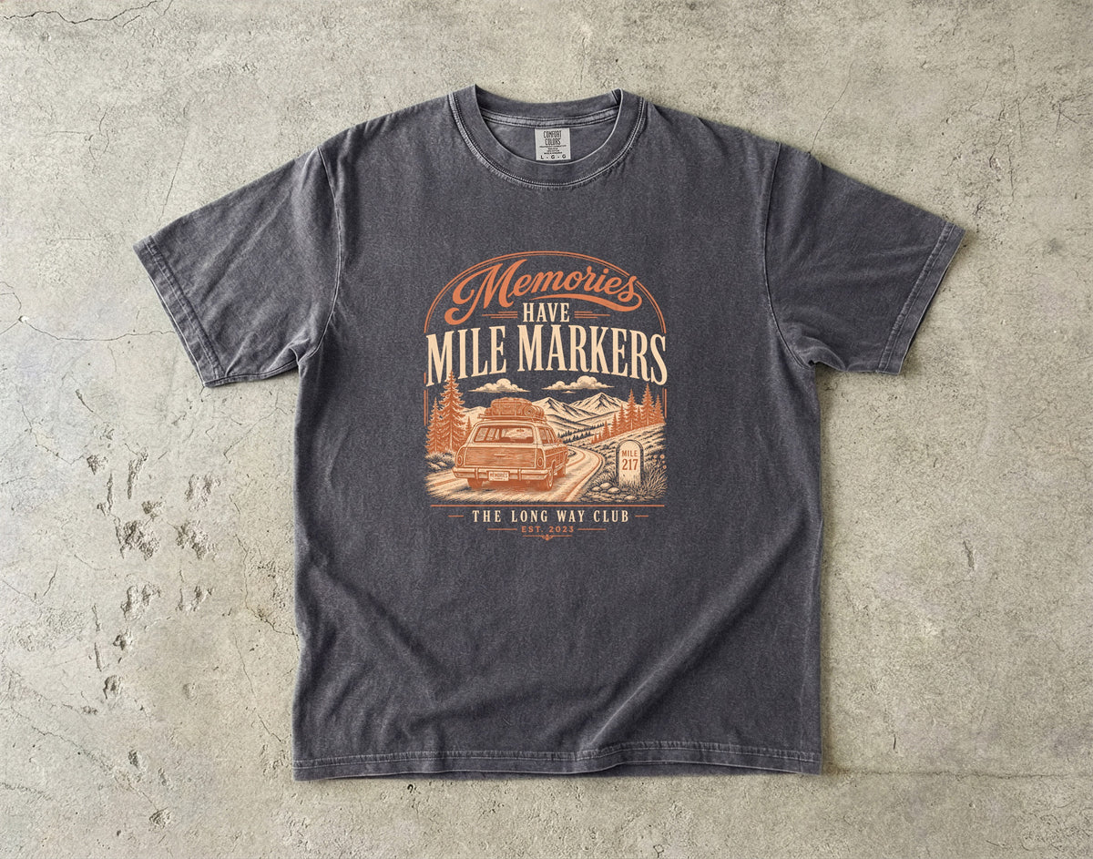 Memories Have Mile Markers Road Trip Shirt in Pepper – flat lay