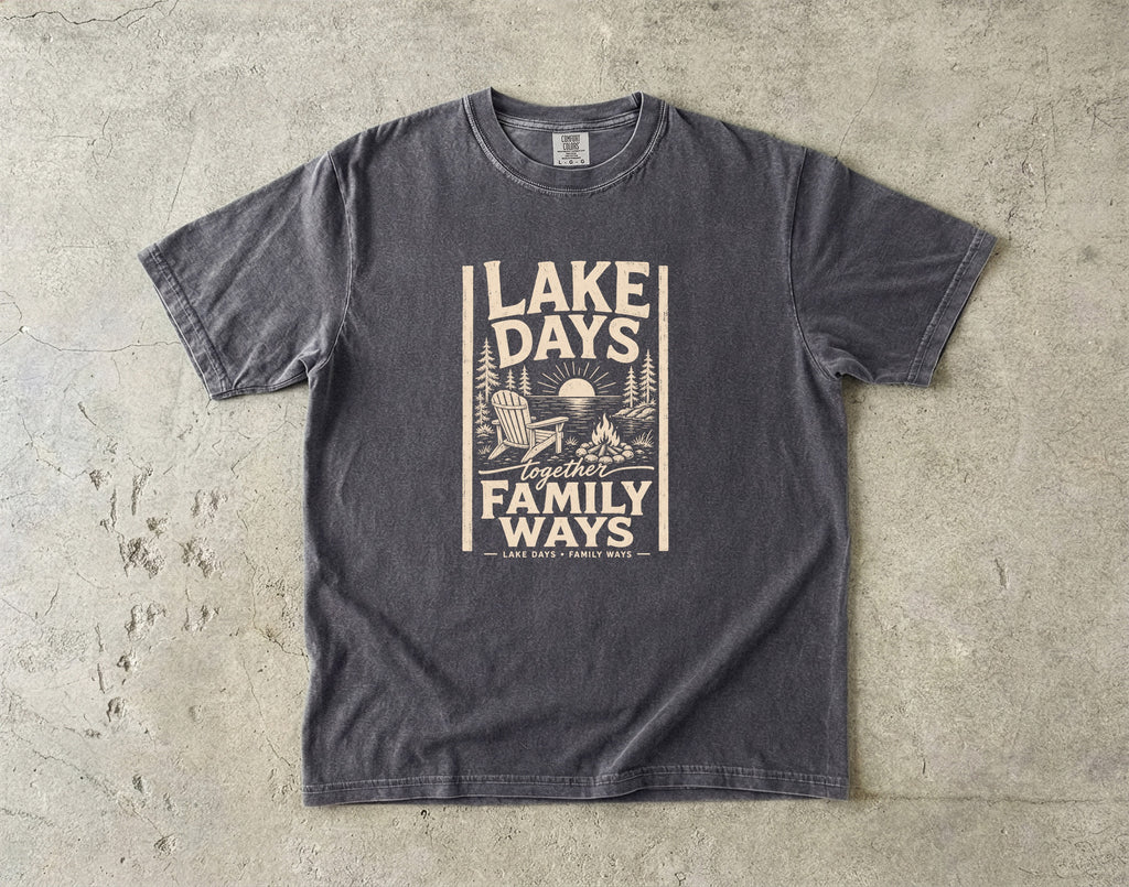 Lake Days Family Ways Vacation Shirt in Pepper – flat lay