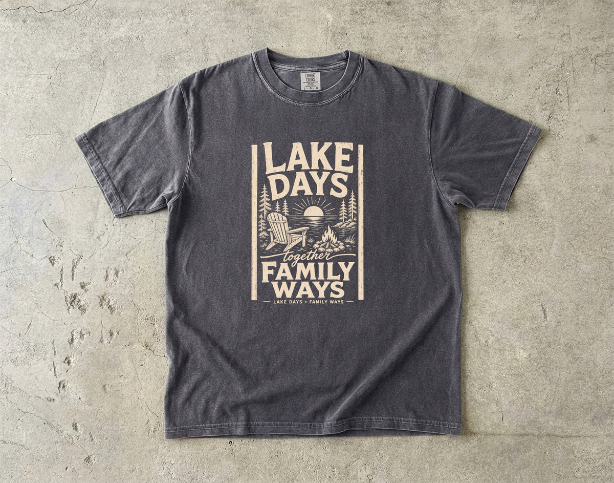 Lake Days Family Ways Vacation Shirt in Pepper – flat lay