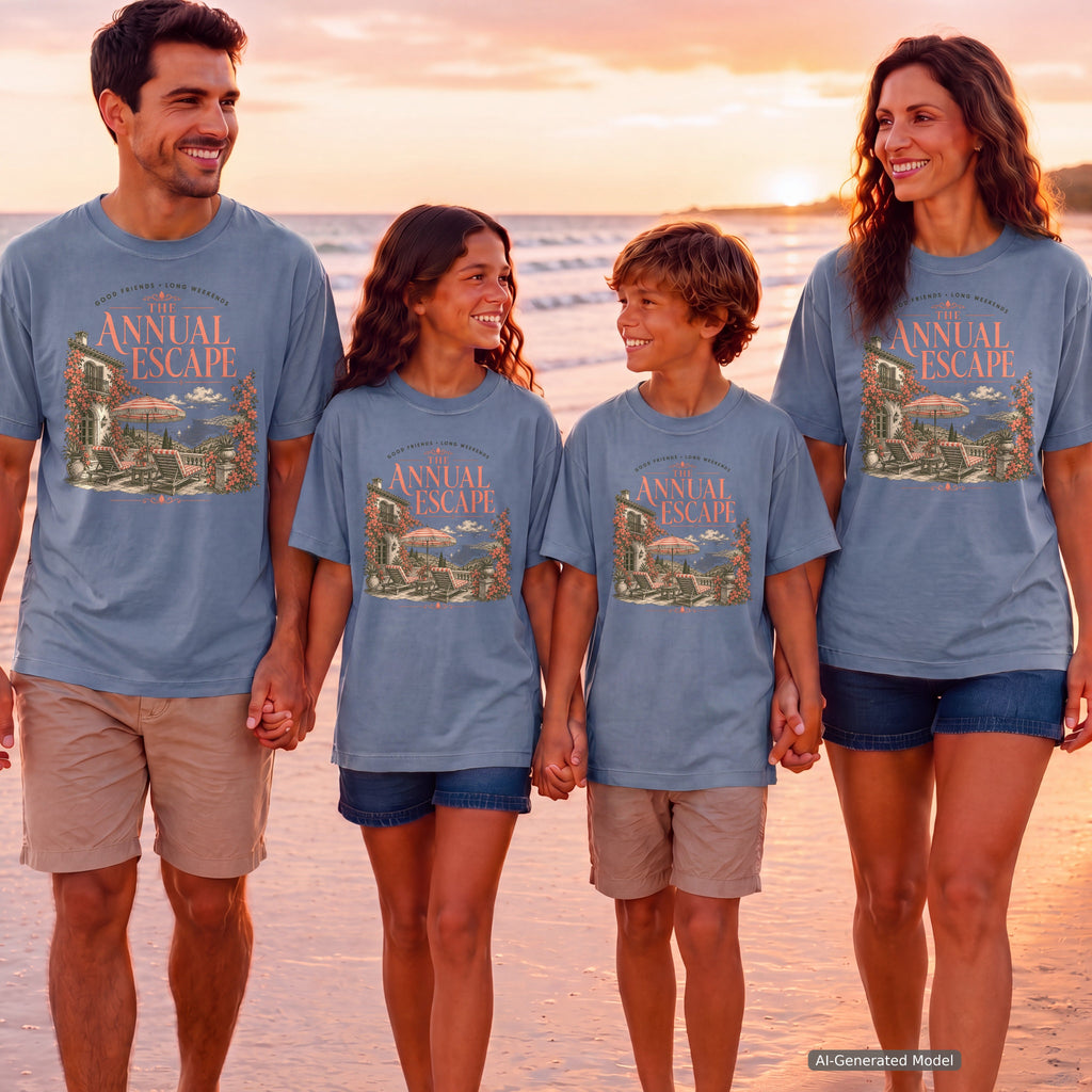 The Annual Escape Youth Tee – Kids' Comfort Colors Family Travel Shirt in Blue Jean – worn on a family trip (AI-generated model photo)