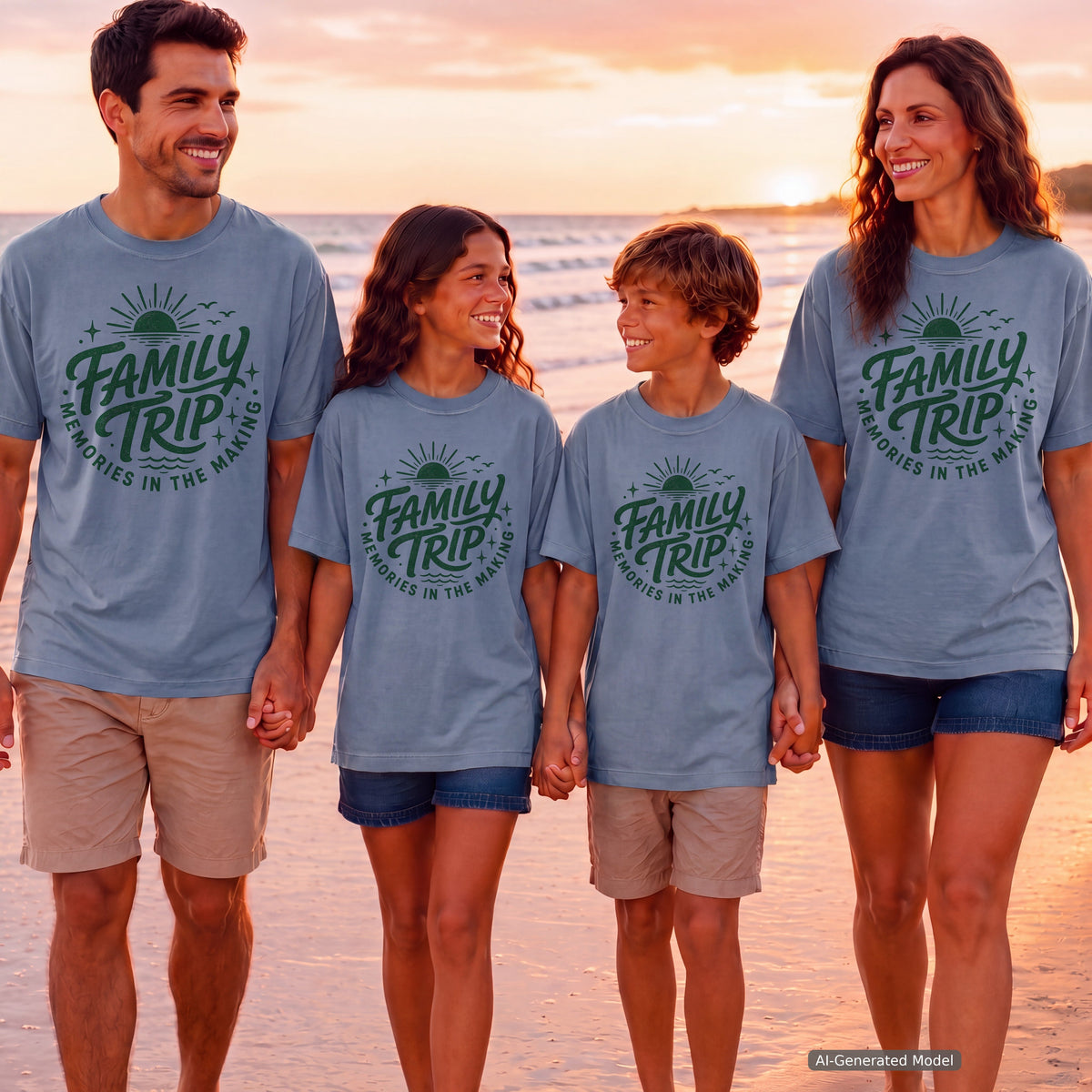 Family Trip Memories in the Making Youth Tee – Kids' Comfort Colors Family Getaway Shirt in Blue Jean – worn on a family trip (AI-generated model photo)