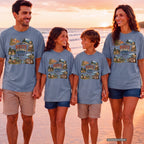 The Route Is Part of the Story Youth Tee – Kids' Comfort Colors Road Trip Shirt in Blue Jean – worn on a family trip (AI-generated model photo)