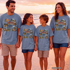 The Route Is Part of the Story Road Trip Shirt in Blue Jean – worn on a family trip (AI-generated model photo)