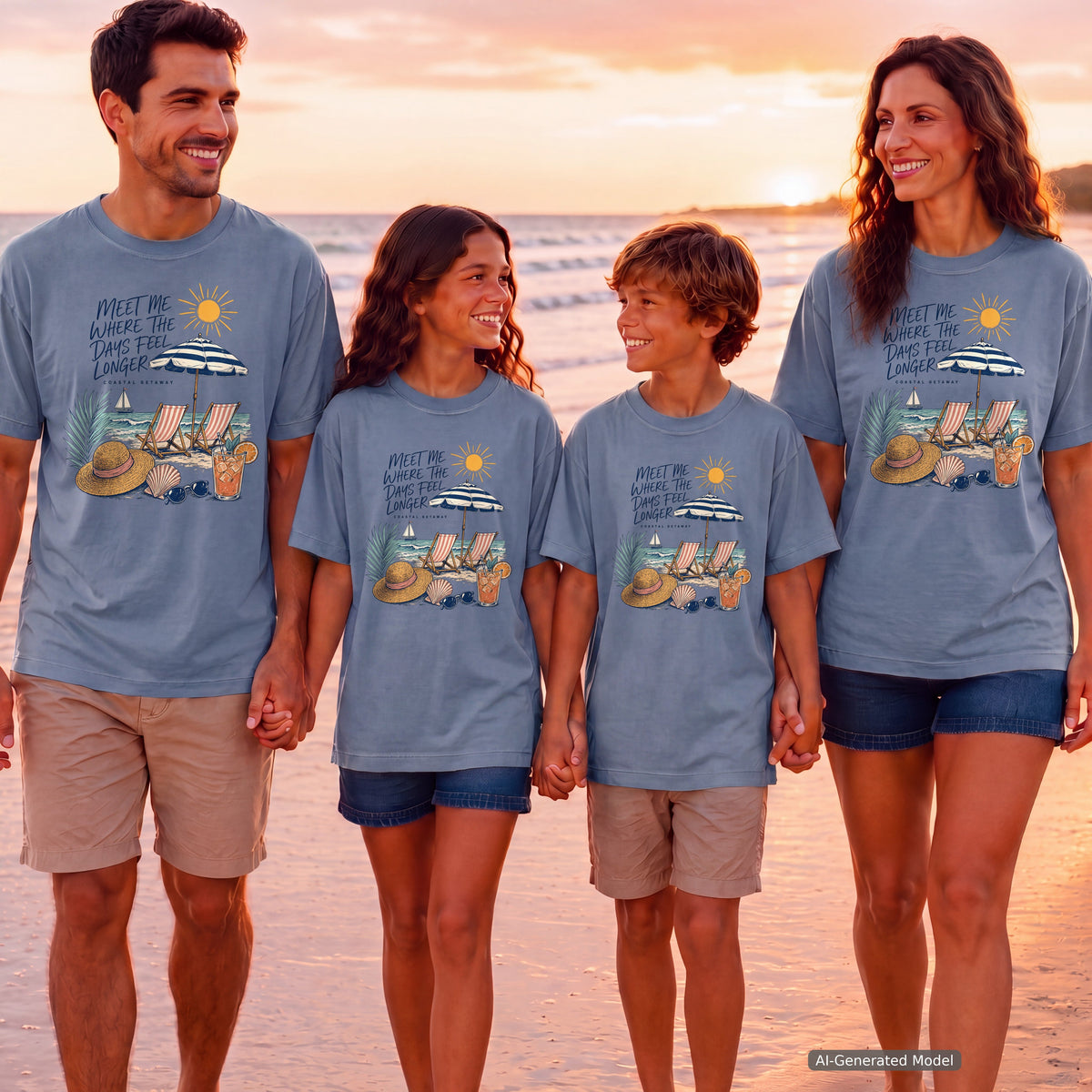Meet Me Where the Days Feel Longer Youth Tee – Kids' Comfort Colors Beach Vacation Shirt in Blue Jean – worn on a family trip (AI-generated model photo)