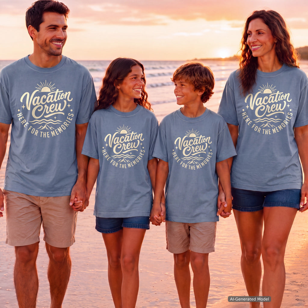 Vacation Crew Here for the Memories Youth Tee – Kids' Comfort Colors Family Travel Shirt in Blue Jean – worn on a family trip (AI-generated model photo)