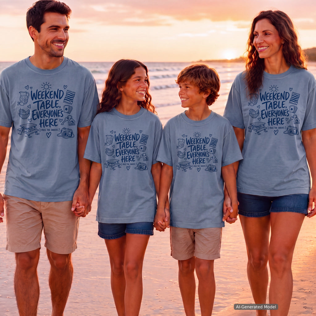 Weekend Table Everyone's Here Youth Tee – Kids' Comfort Colors Family Getaway Shirt in Blue Jean – worn on a family trip (AI-generated model photo)