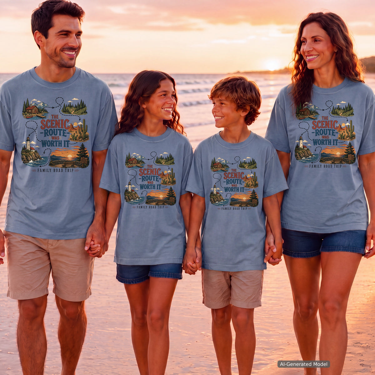 The Scenic Route Was Worth It Youth Tee – Kids' Comfort Colors Road Trip Shirt in Blue Jean – worn on a family trip (AI-generated model photo)