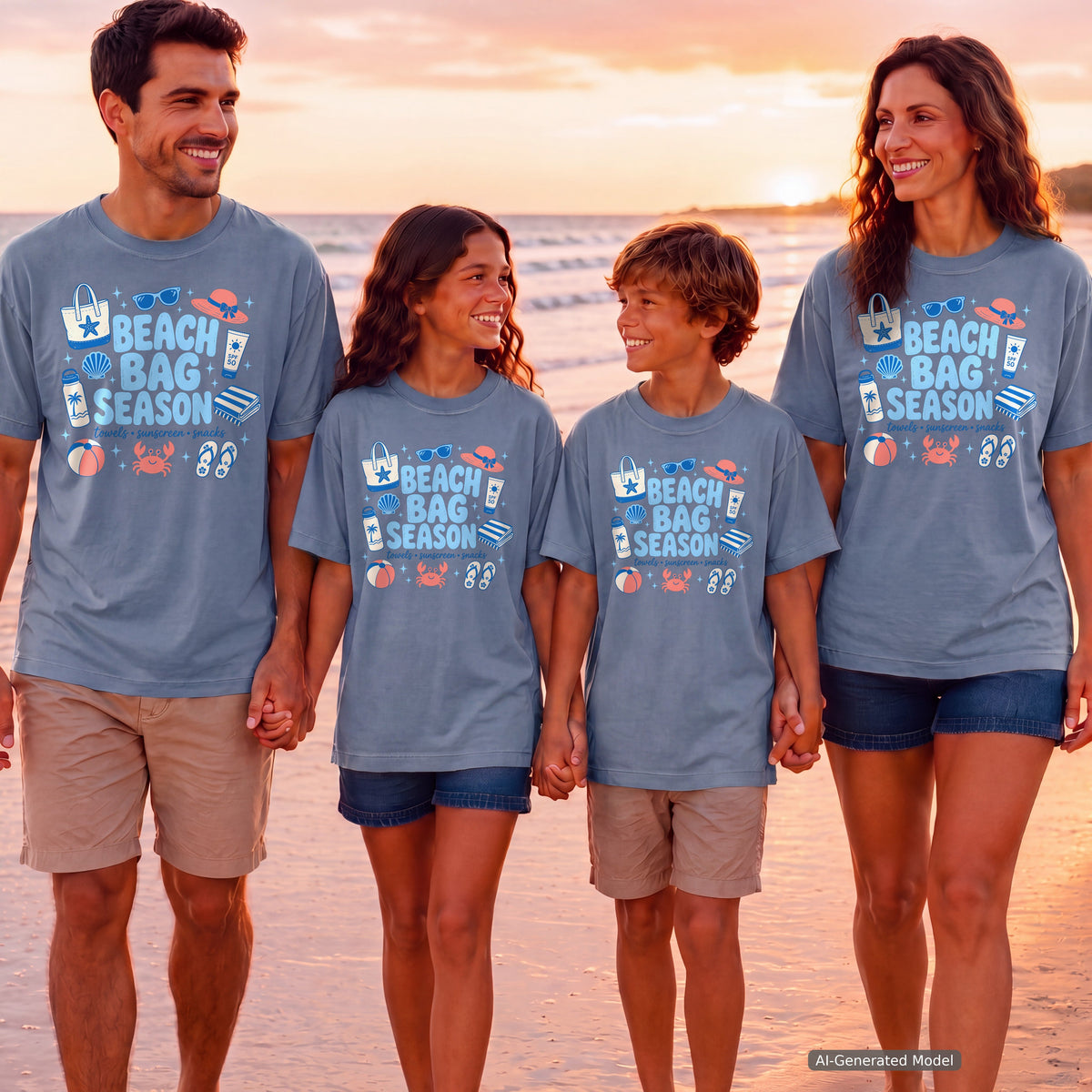 Beach Bag Season Youth Tee – Kids' Comfort Colors Beach Vacation Shirt in Blue Jean – worn on a family trip (AI-generated model photo)