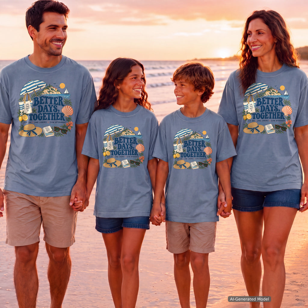 Better Days Together Coastal Vacation Shirt in Blue Jean – worn on a family trip (AI-generated model photo)
