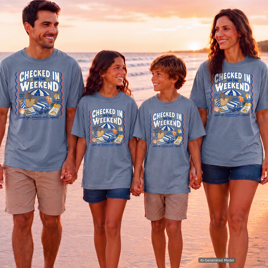 Checked In for the Weekend Beach Vacation Shirt in Blue Jean – worn on a family trip (AI-generated model photo)