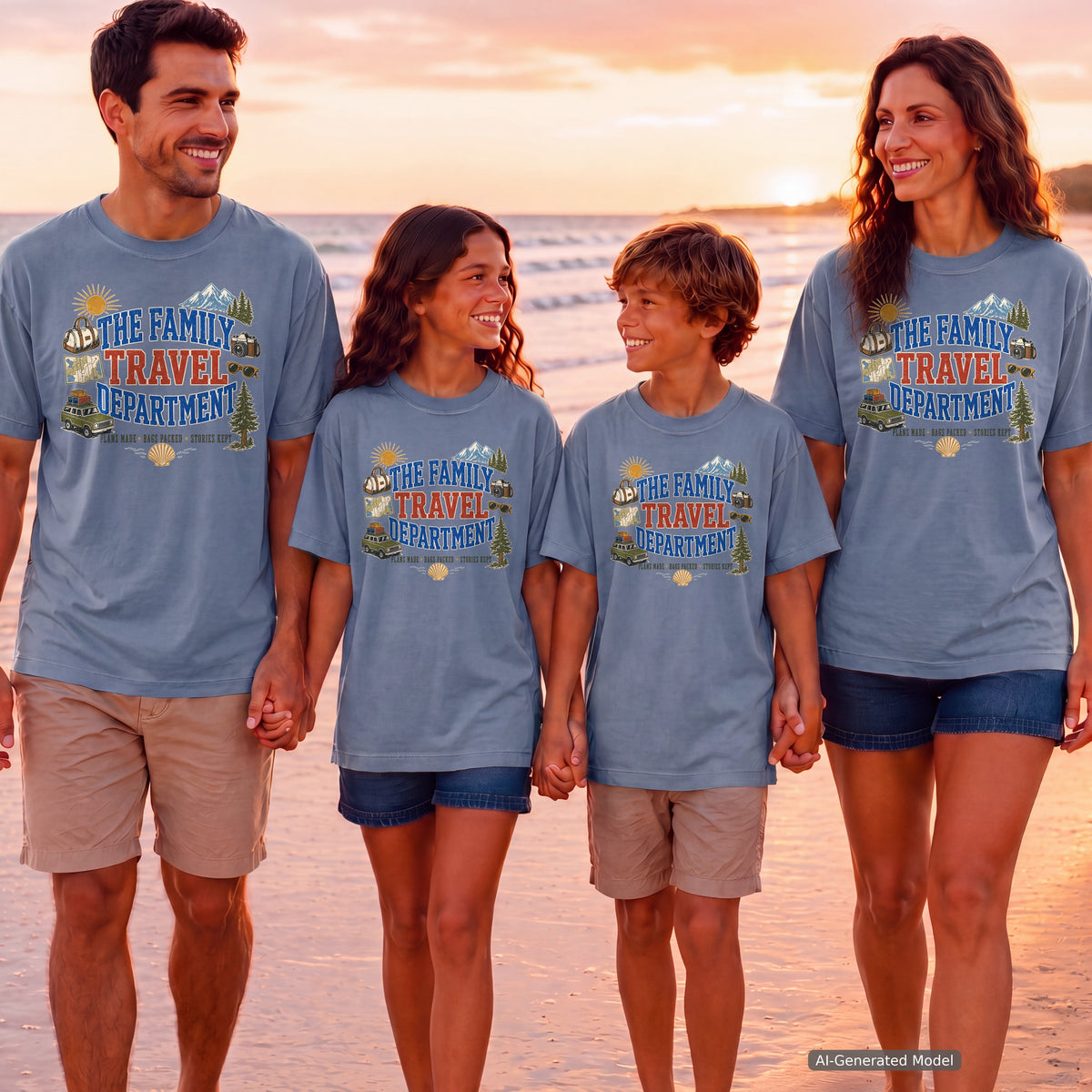The Family Travel Department Youth Tee – Kids' Comfort Colors Road Trip Shirt in Blue Jean – worn on a family trip (AI-generated model photo)
