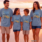 Vacay Mode Family Edition Travel Mom Shirt in Blue Jean – worn on a family trip (AI-generated model photo)