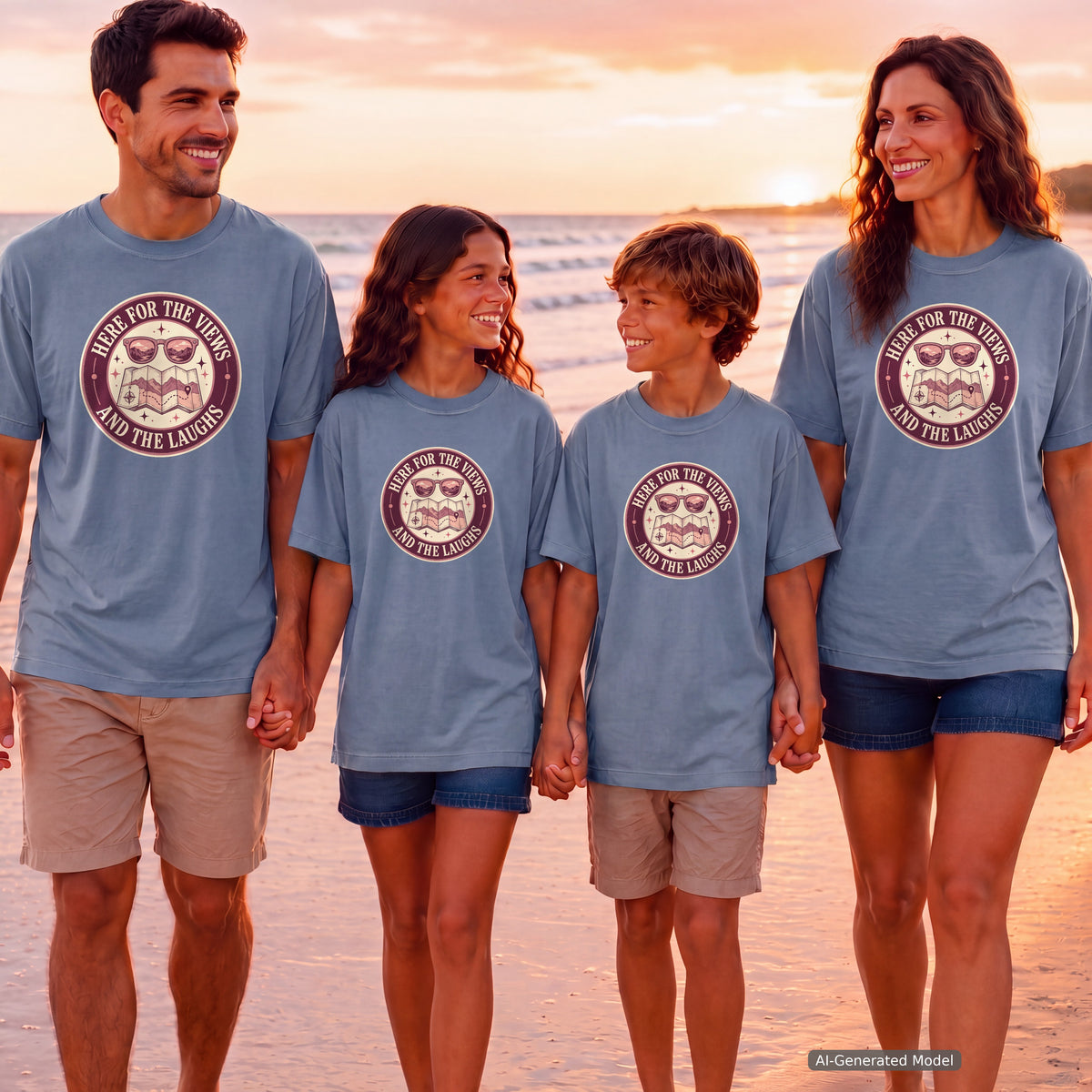 Here for the Views and the Laughs Youth Tee – Kids' Comfort Colors Travel Shirt in Blue Jean – worn on a family trip (AI-generated model photo)