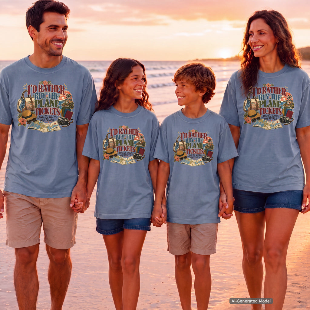 I'd Rather Buy the Plane Tickets Youth Tee – Kids' Comfort Colors Family Travel Shirt in Blue Jean – worn on a family trip (AI-generated model photo)