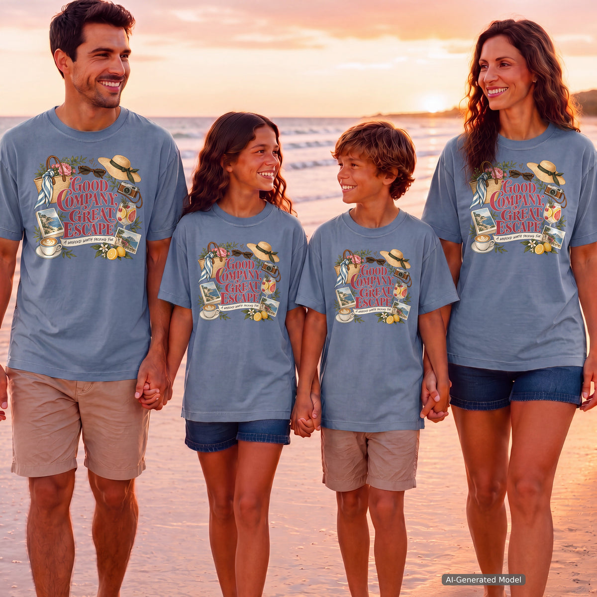 Good Company Great Escape Youth Tee – Kids' Comfort Colors Family Travel Shirt in Blue Jean – worn on a family trip (AI-generated model photo)
