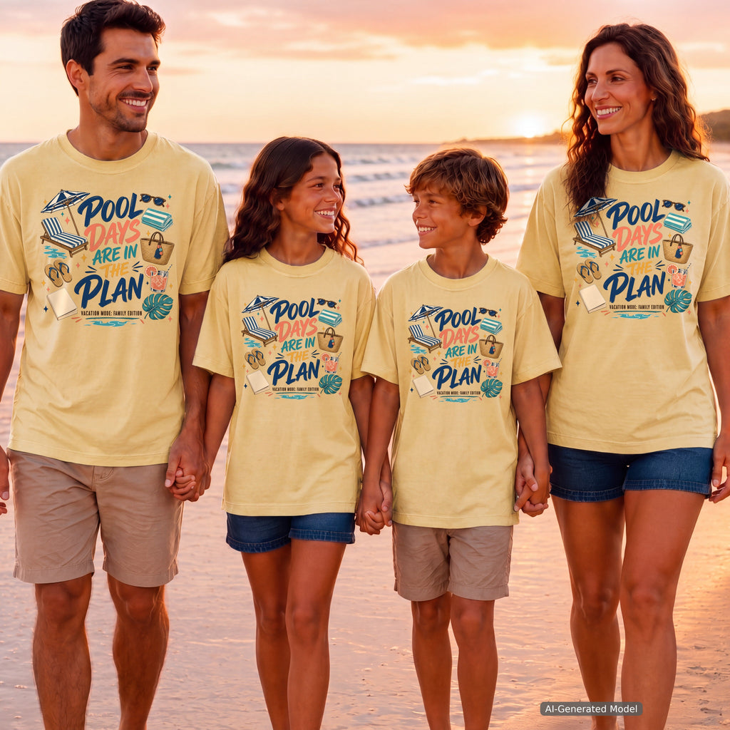Pool Days Are in the Plan Youth Tee – Kids' Comfort Colors Family Getaway Shirt in Butter – worn on a family trip (AI-generated model photo)