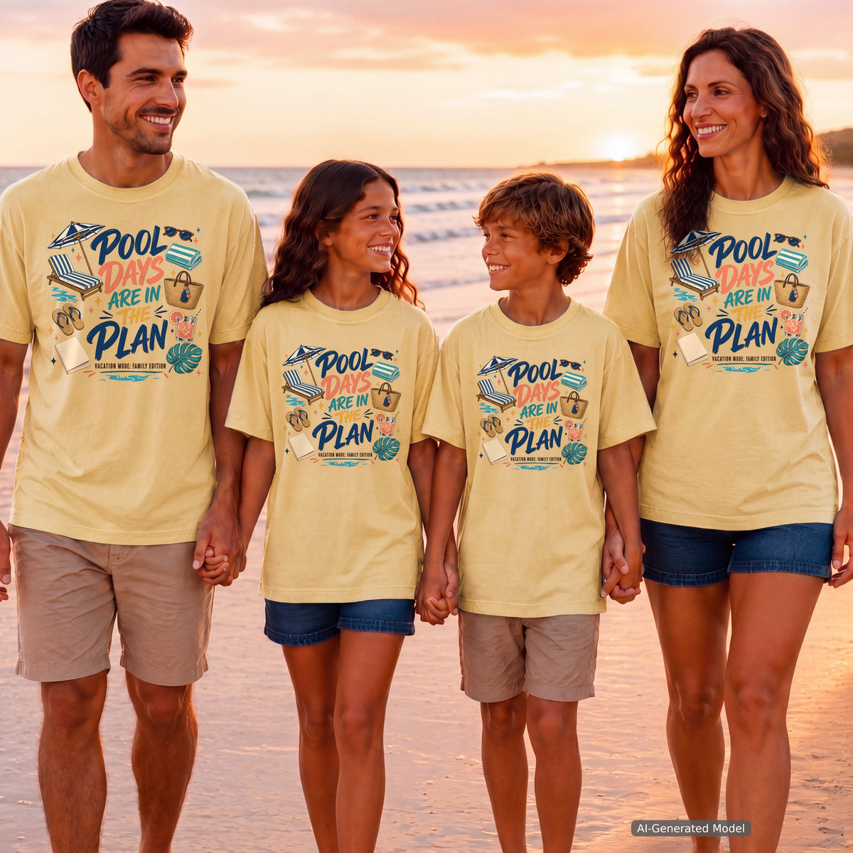 Pool Days Are in the Plan Youth Tee – Kids' Comfort Colors Family Getaway Shirt in Butter – worn on a family trip (AI-generated model photo)