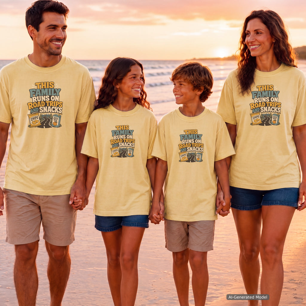 Road Trips and Snacks Youth Tee – Kids' Comfort Colors Family Travel Shirt in Butter – worn on a family trip (AI-generated model photo)