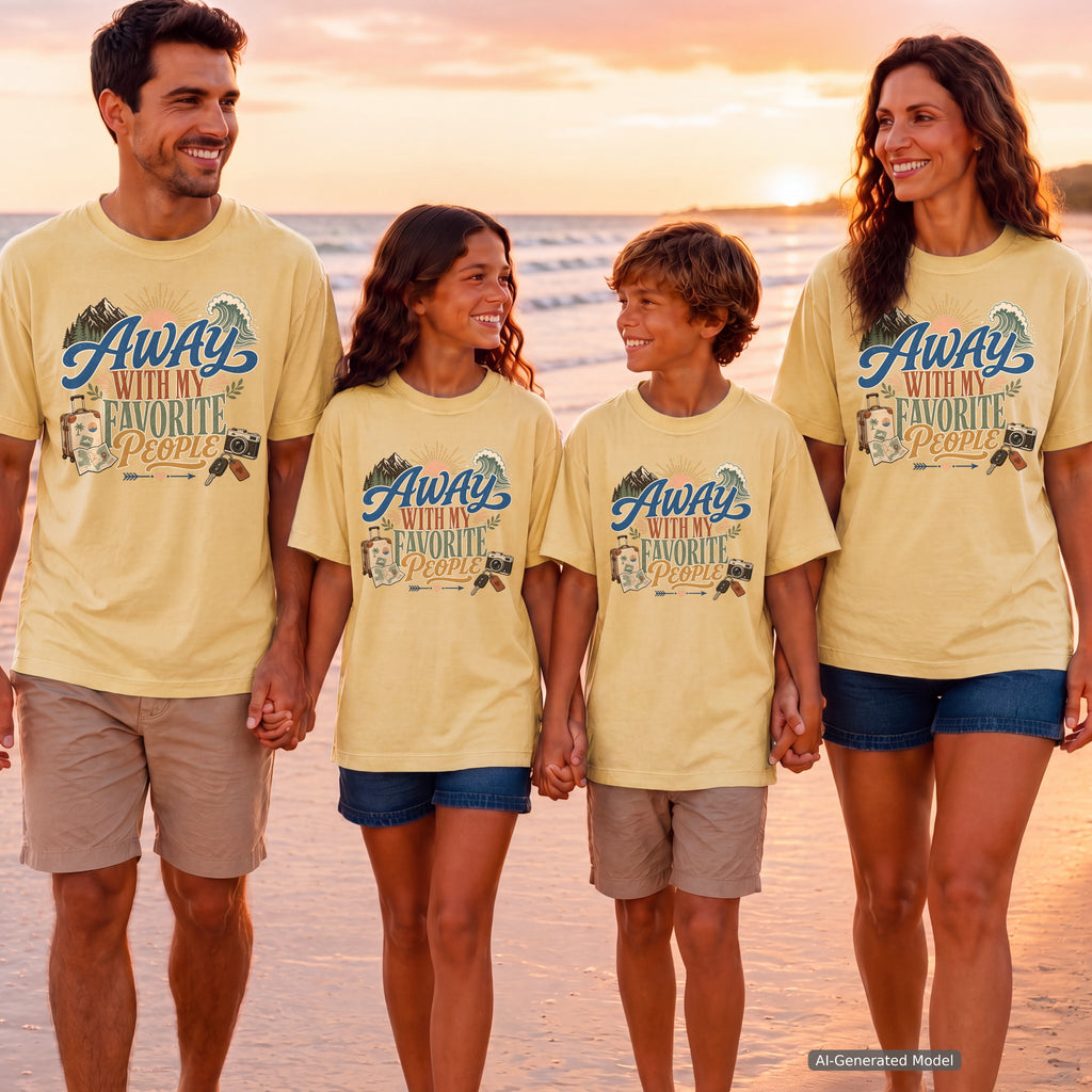 Away with My Favorite People Travel Mom Shirt in Butter – worn on a family trip (AI-generated model photo)