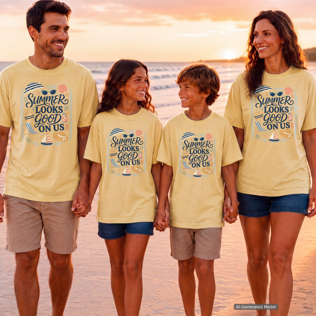 Summer Looks Good On Us Youth Tee – Kids' Comfort Colors Beach Vacation Shirt in Butter – worn on a family trip (AI-generated model photo)