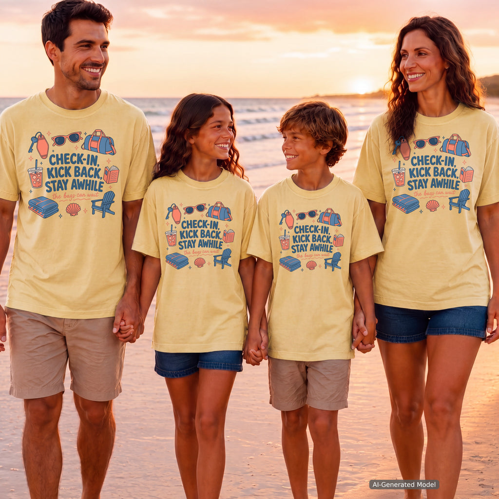 Check-In Kick Back Stay Awhile Family Getaway Shirt in Butter – worn on a family trip (AI-generated model photo)