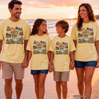 The Route Is Part of the Story Youth Tee – Kids' Comfort Colors Road Trip Shirt in Butter – worn on a family trip (AI-generated model photo)