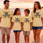 One More Stop Together Youth Tee – Kids' Comfort Colors Road Trip Shirt in Butter – worn on a family trip (AI-generated model photo)