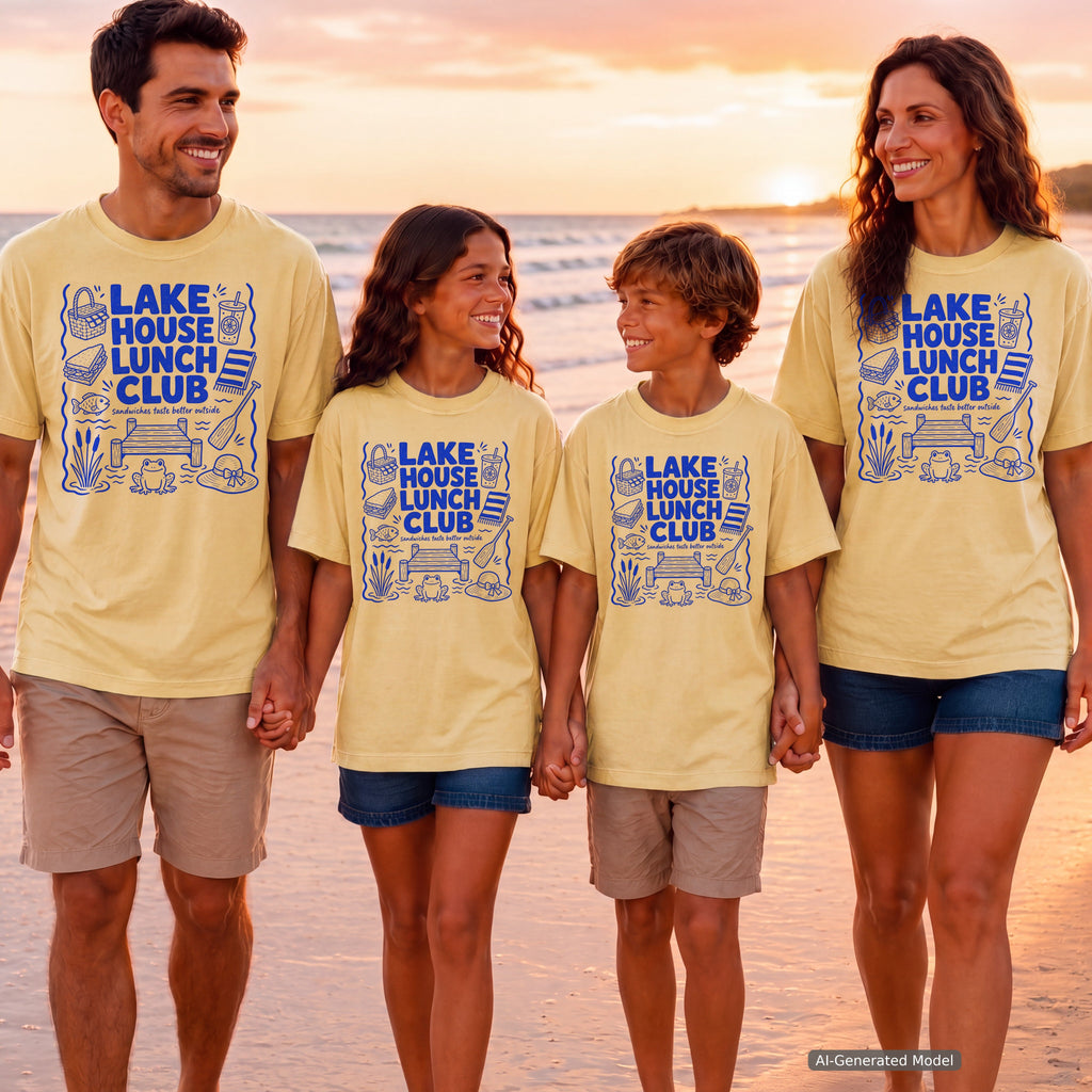 Lake House Lunch Club Youth Tee – Kids' Comfort Colors Lake Vacation Shirt in Butter – worn on a family trip (AI-generated model photo)