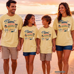 Normal Schedule Resumes Eventually Family Getaway Shirt in Butter – worn on a family trip (AI-generated model photo)