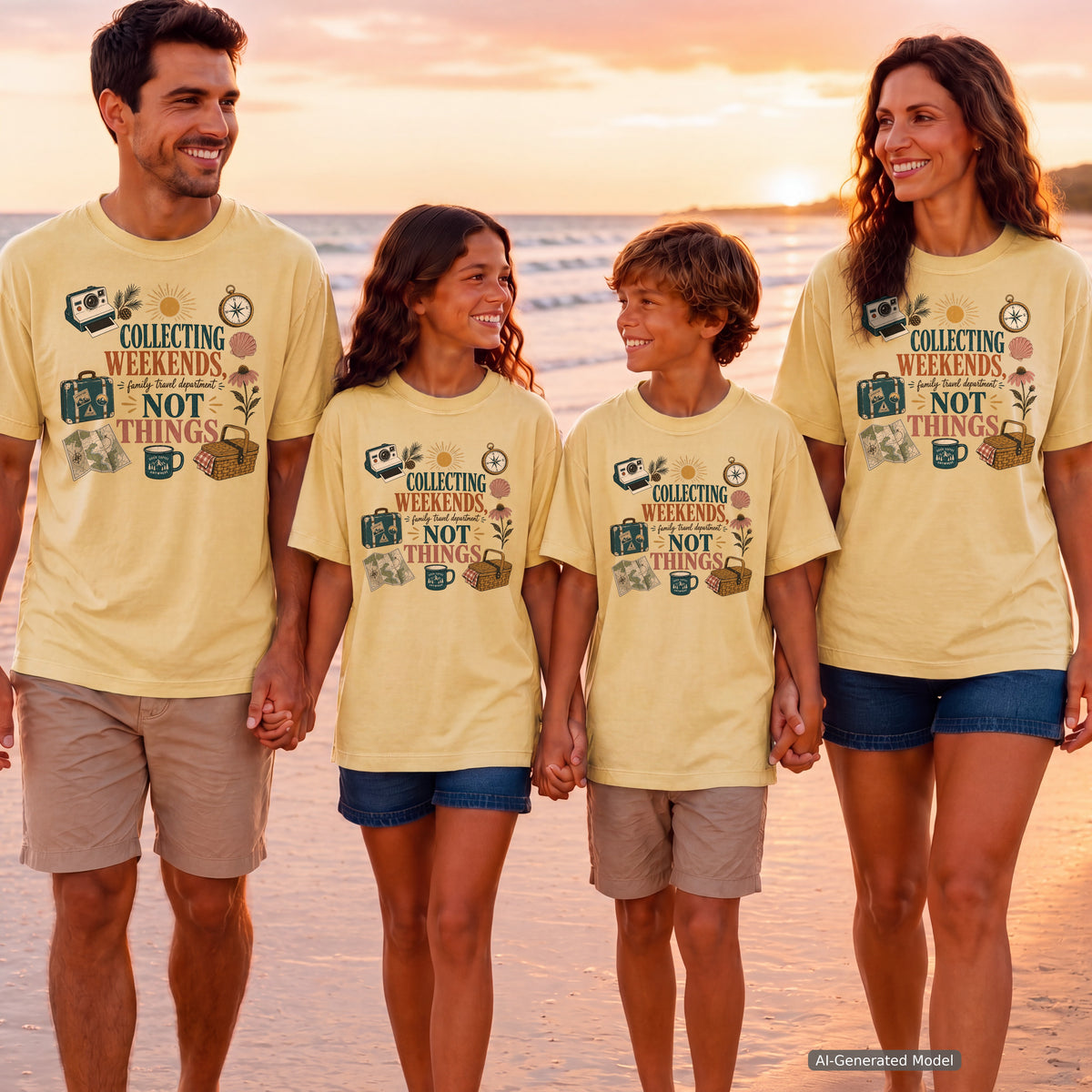 Collecting Weekends Not Things Family Getaway Shirt in Butter – worn on a family trip (AI-generated model photo)