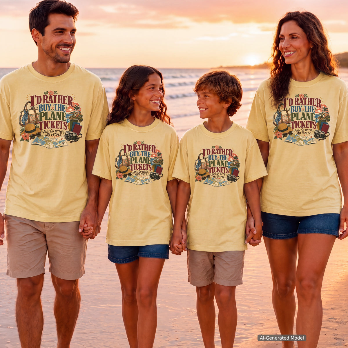 I'd Rather Buy the Plane Tickets Travel Mom Shirt in Butter – worn on a family trip (AI-generated model photo)