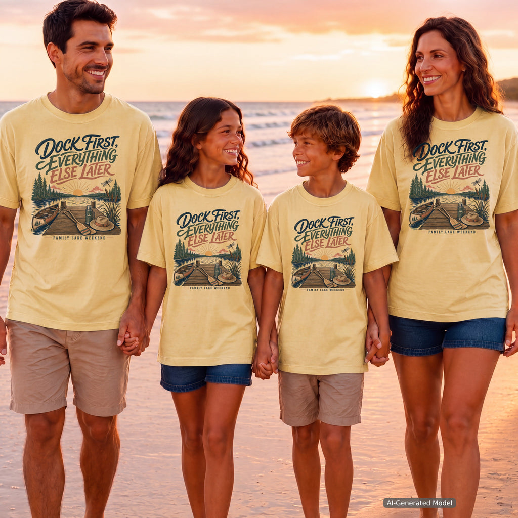 Dock First Everything Else Later Youth Tee – Kids' Comfort Colors Lake Vacation Shirt in Butter – worn on a family trip (AI-generated model photo)