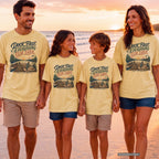 Dock First Everything Else Later Youth Tee – Kids' Comfort Colors Lake Vacation Shirt in Butter – worn on a family trip (AI-generated model photo)